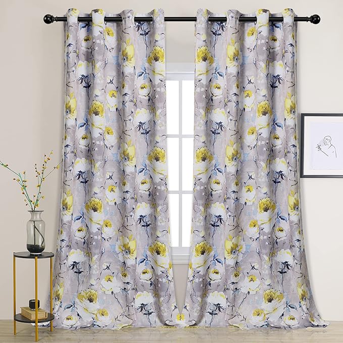 MYSKY HOME Yellow Floral Curtains, 108 Inch Length, 2 Panels, Thermal Insulated, Room Darkening, Grommet, Vintage Decorative Curtains for Living Room in Grey and Yellow