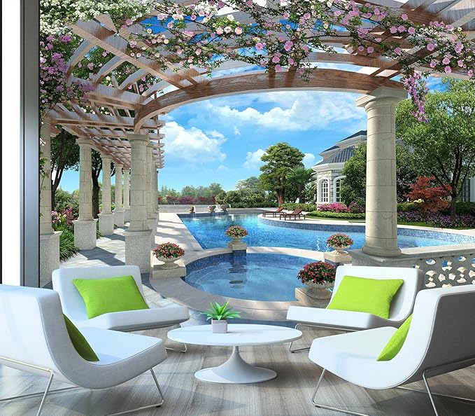 Cliouar-Backyard Villa with Swimming Pool Wall Mural Wallpaper Peel and Stick 90" x 67"