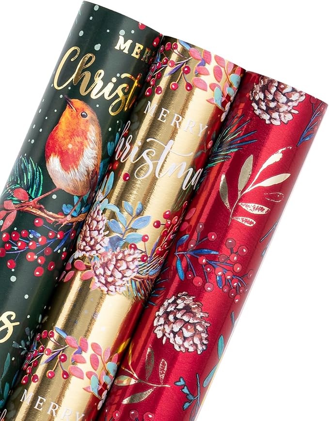 WRAPAHOLIC Christmas Wrapping Paper Roll - Mini Roll - 3 Rolls - 17 Inch x 120 Inch Per Roll - Bird, Christmas Garland, Holly and Pinecones Holiday Design with Metallic Foil Shine