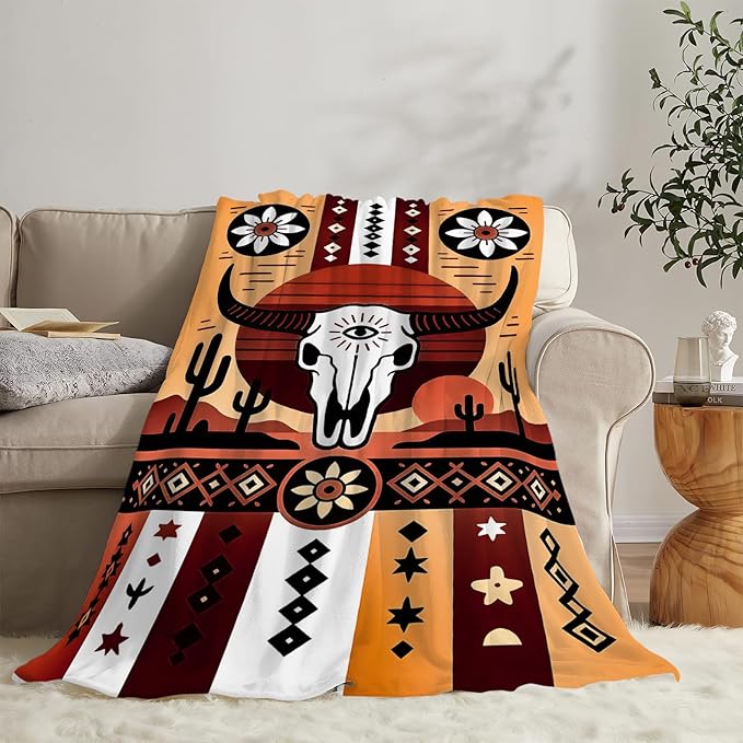 Western Boho Bull Skull Blanket Southwest Aztec Tribal Southwestern Navajo Throw Blanket Soft Cozy Fleece Fuzzy Stuffed Plush Flannel Gifts for Girls Women Boys Kids Adults 40''x50''