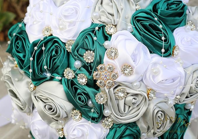 Bridal Wedding Bouquet Round Bling Brooch Bouquet Throw Toss Artificial Rose Flower Bunch for Bride Bridesmaid Wedding Quinceanera(Dark Green, Silver & White, 6.3")