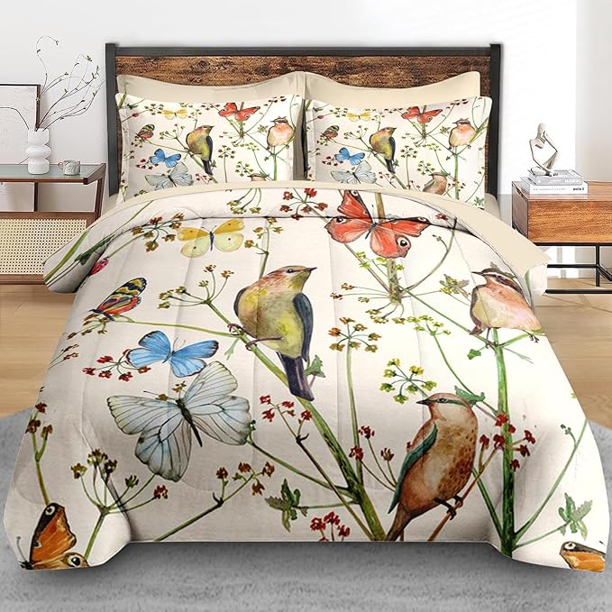 Comforter Set King Size, Vintage Birds Butterfly Colorful 7 Pcs Bedding for Kids and Adults, Floral Spring Beige Bed Sheet Sets with Fitted Sheet 2 Pillowcase & 2 Sham for Bedroom Bed Decor