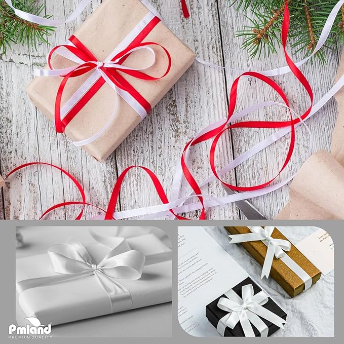 PMLAND White Fabric Satin Ribbon 3/8'' Inch x 27 Yards Double Faced Use for Crafts Gift Wrapping Floral Bouquets Ornaments Hair Bows Party Decoration