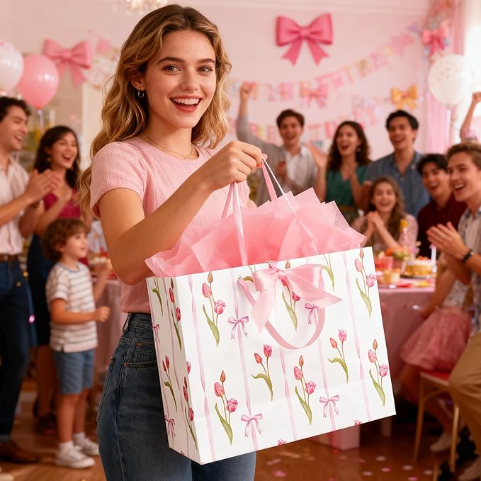 ASYEH NR 13" Large Size Pink Floral Gift Bag Tulip and Bows Pattern Gift Bag with Greeting Card Tissue Paper for Girls Women Birthday Baby Shower Wedding Mother's Day Valentine's Day Supplies
