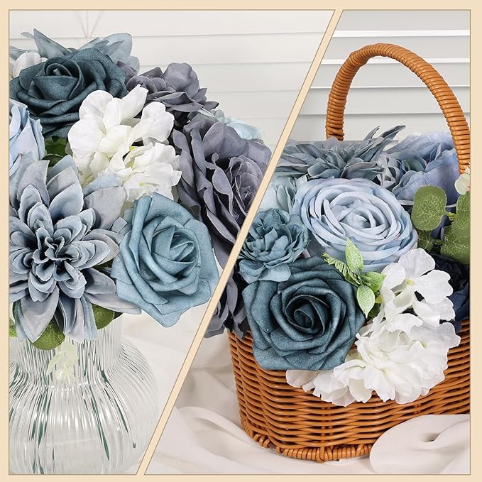 Artificial Flowers Combo Box Set Dusty Blue Bouquet Flowers for Wedding Centerpieces Arrangements Bridal Shower Party Decorations Fake Floral for Home