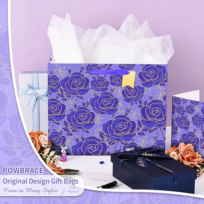 Bloomwords 13" Mother’s Day Gift Bags with Card Tissue(Rose Flower) - Birthdays, Valentine’s, Weddings, Anniversaries, Kit includes Card and Tissue Paper (Purple, 2 Piece)