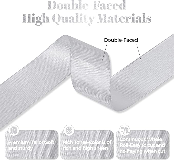 Silver Satin Ribbon, Double Faced 1 Inch X 25 Yards Silver Ribbon, Premium Satin Ribbon for Gift Wrapping, Crafts, Hair Bow Making, Sewing, Flower Bouquet, Wedding Party Decor