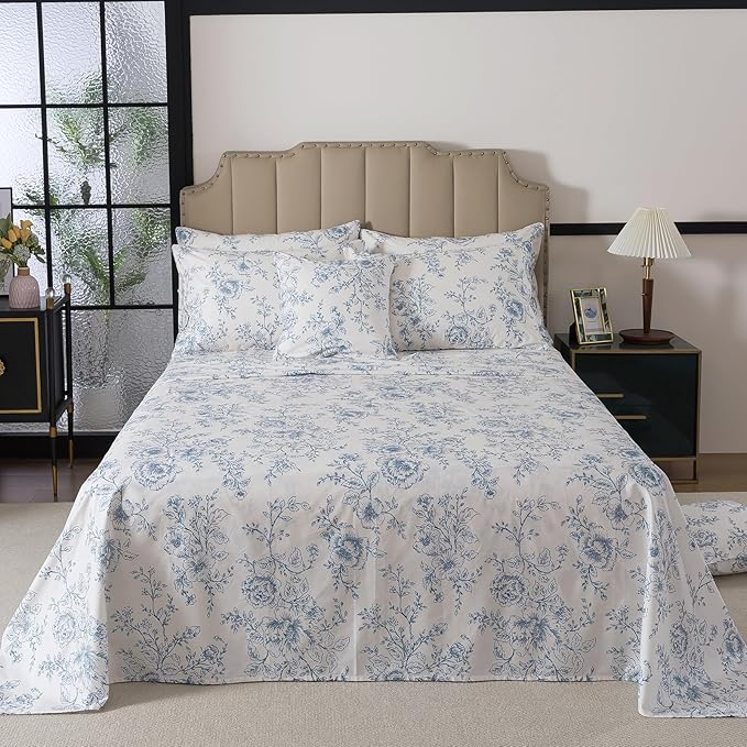 FADFAY 100% Cotton Blue Floral Bed Sheet Set, French Country Cottagecore Bedding 4Pcs, Luxury Soft Breathable Cooling Sheets with Deep Pocket Fitted Sheet, Flat Sheet & Pillowcases, Queen