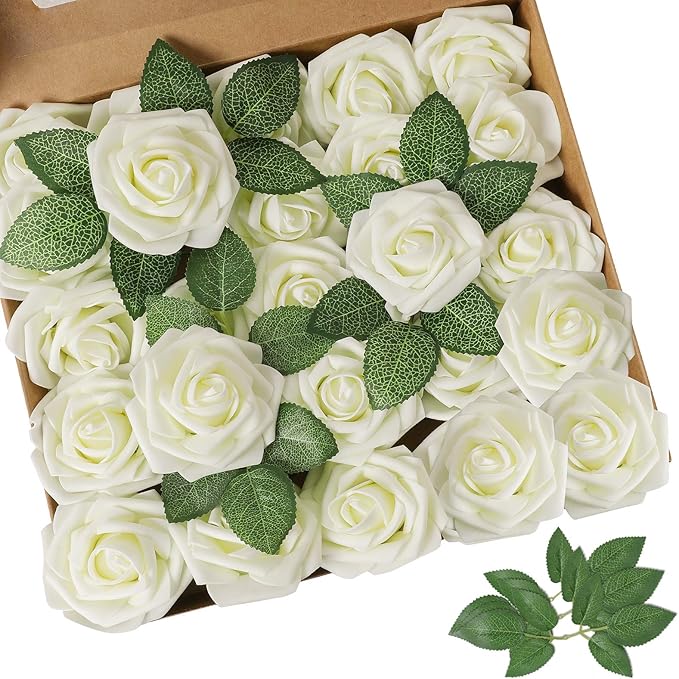 AmyHomie Artificial Flower Ivory Rose 25pcs Real Looking Fake Roses w/Stem for DIY Wedding Bouquets Centerpieces Arrangements Party Baby Shower Valentines Day Christmas Tree Decorations