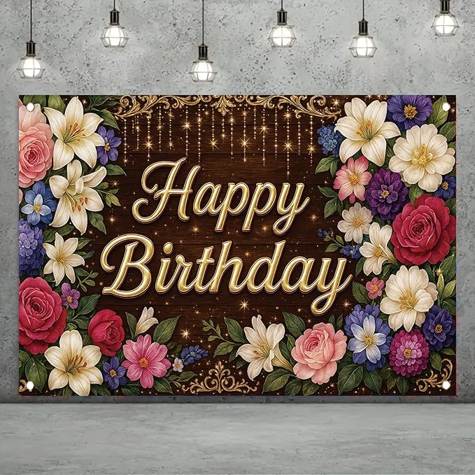 Rustic Wooden Gold Letter Happy Birthday Backdrop Banner for Women Girls Flowers Photography Background Decoration Wedding Baby Shower Decor Photo Booth Studio Props Supplies 6x4ft