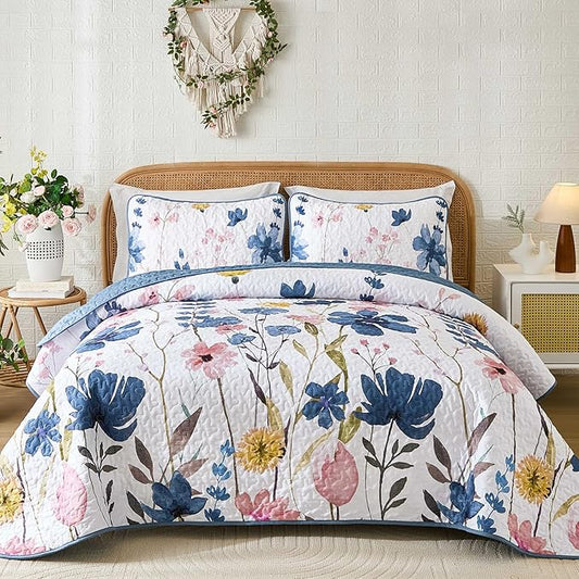 Anibedding Dark Blue Quilt Set King, Floral Bedspread Soft Microfiber Lightweight King Size Quilt Bedding Sets Flower Coverlet for All Season(King, 104"x90")