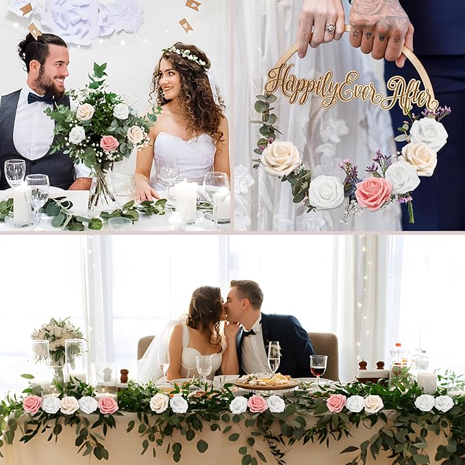 100PCS Artificial Flowers Champagne/Pink/White Roses Real Looking Foam Fake Roses with Leaves and for DIY Wedding Bouquets Bridal Shower Centerpieces Party Decorations