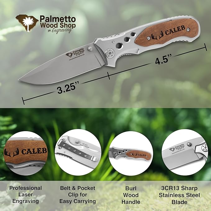 Palmetto Wood Shop Gifts For Him, Laser Engraved Personalized Pocket Knife, Gifts for Husband, Dads, Fathers Day, Valentines, Christmas, Choose from 30 Optional Icons