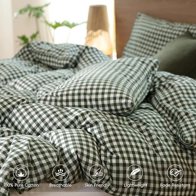 MooMee Gingham Duvet Cover Set 100% Washed Cotton Linen Like Textured Breathable Durable Soft Comfy Modern Checkered Design (Forest Green Gingham, Oversized Queen 98"x98")