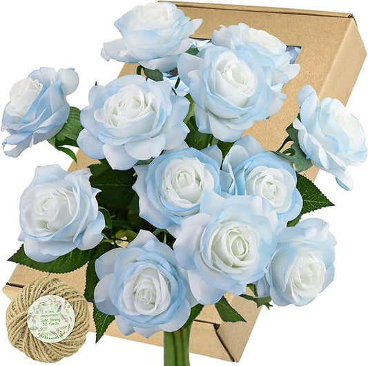 FiveSeasonStuff 12 Stems Artic ICY Blue Artificial Flowers Real Touch Silk Roses for Wedding Decoration, Packed in Gift Box