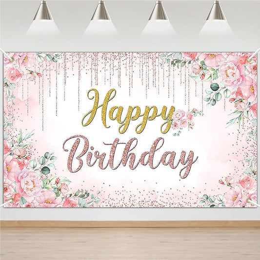 Avezano Happy Birthday Backdrop Banner for Girls Women Happy Birthday Banner Floral Glitters Happy Bday Background Party Supplies 70.8 x 43.3 Inch