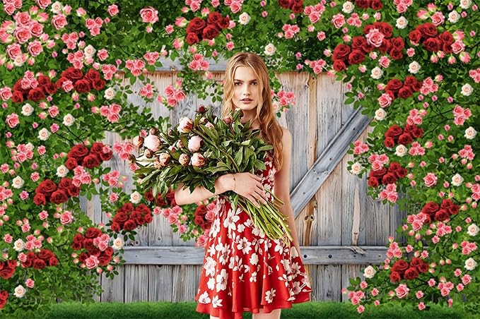 AOFOTO Barn Door Rose Backdrop Rustic Red Pink Beige Flowers Background Romantic Phtography Banner for Anniversary Wedding Decor Photo Studio Photobooth Props 8x6ft