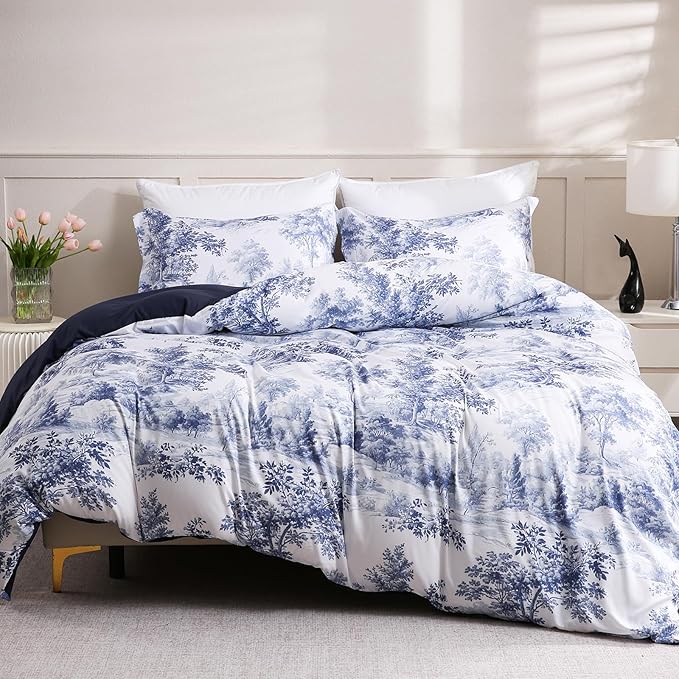LONAVA King Botaincal 3 Pcs Duvet Cover Set, Breathable Soft Microfiber Navy Lining Comforter Cover with Zipper Closure, and 2 Anti-Pilling, Fade Resistant Pillowcases, Blue Forest