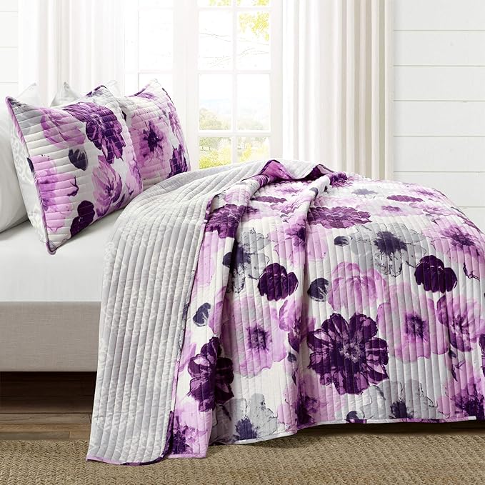 Lush Decor Leah Reversible Floral Quilt Set, 3 Piece Set, King, Gray & Purple - Watercolor Botanical - Cottage Core - French Country Decor- Bedding Queen Size