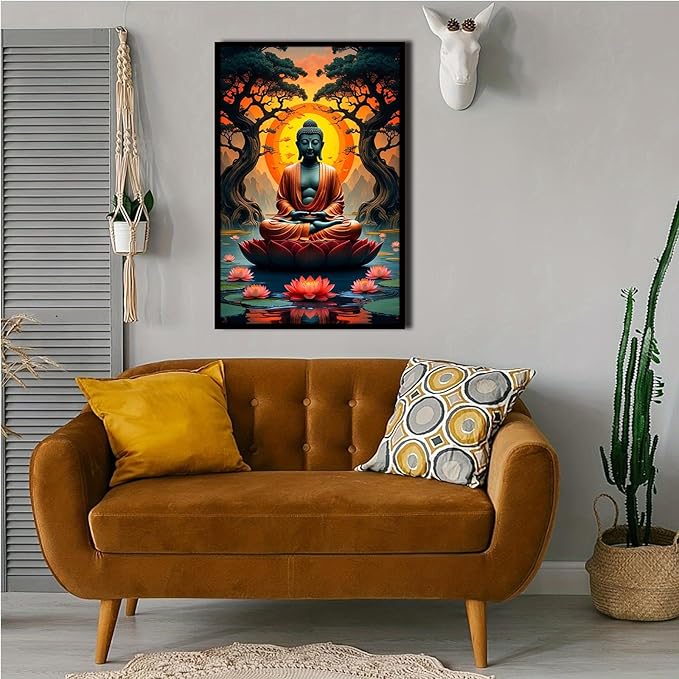Canvas wall art Golden Buddha on lotus at sunset Ancient trees with reflections on water Serene meditation scene Uplifting wall art for mindfulness and tranquil home decor 8x12in Metal blackFramed