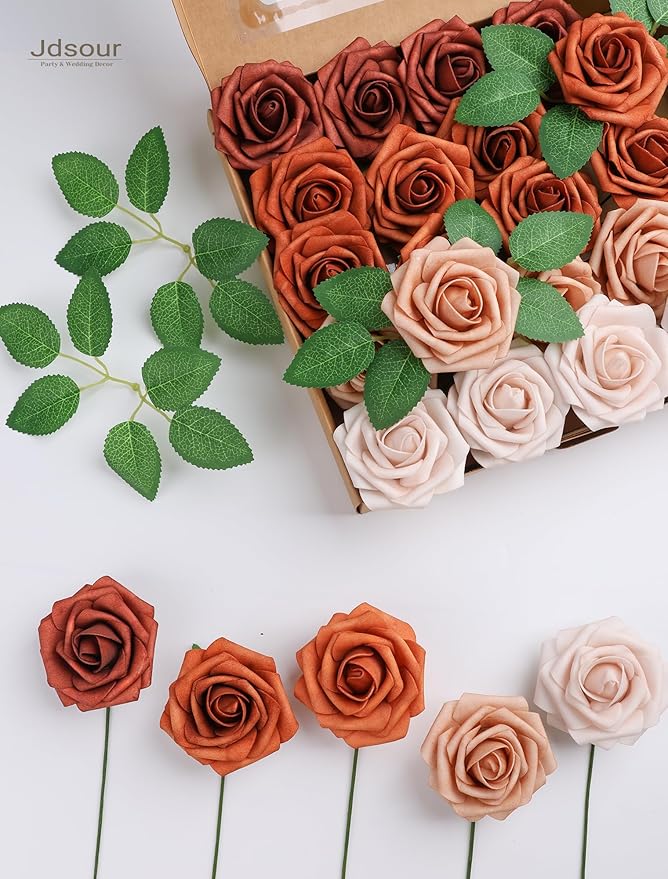 25pcs Artificial Flower，Real Looking Foam Roses w/Stem for DIY Wedding Bouquets Centerpieces Bridal Shower Party Decor-Shades of Burnt Orange