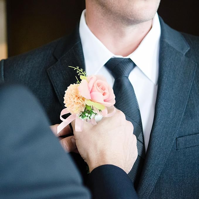 SITUMEIZI 2Pcs Pink Corsage and Boutonniere Set,Corsage Wristlet for Prom Decor,Boutonniere for Men Wedding Flowers Accessories Party Suit Decoration