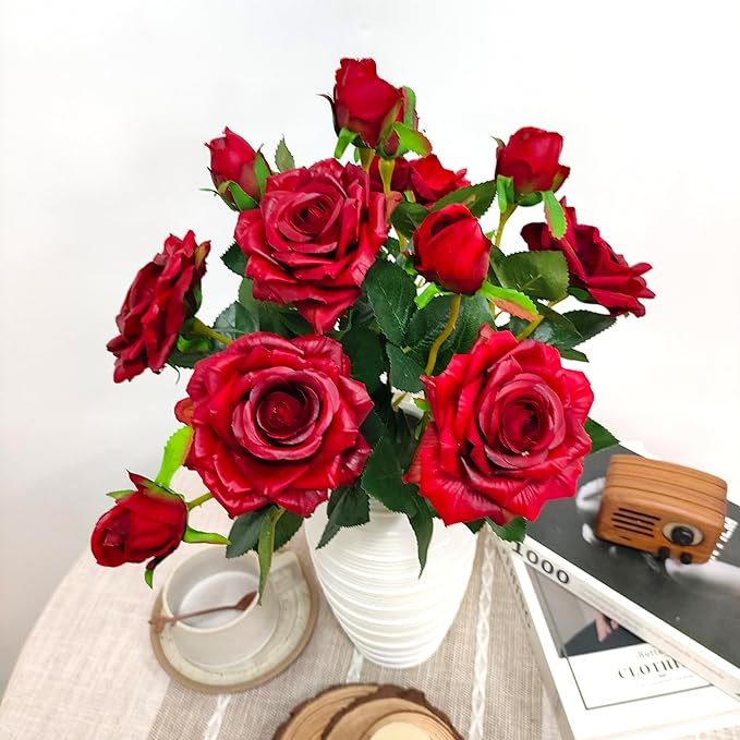 ATFL Fake Red Roses Flowers, 6 Pcs Faux Silk Real Touch Moisturizing Artificial Rose Flowers for Decoration DIY Wedding Party Home Office Decoration and Dining Table Centerpiece (6, red)