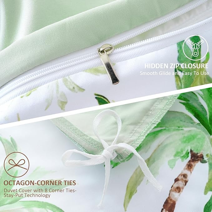 LONAVA King Tropical 3 Pcs Duvet Cover Set, Breathable Soft Microfiber Sage Green Lining Comforter Cover with Zipper Closure, and 2 Anti-Pilling, Fade Resistant Pillowcases, Summer Tree