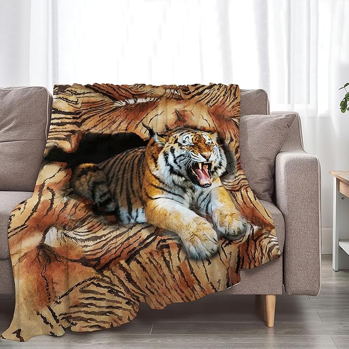 Tiger Throw Blanket, 80"x60", Microfiber Flannel Blend, Animal Print, Multicolor, Unisex, Adults & Kids, All Seasons