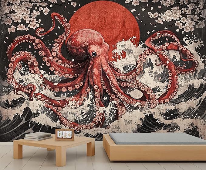 Japanese Wave Octopus Wall Mural, Japanese Traditional 3D Wall Murals, Ocean and Octopus Wallpaper Mural, for Living Room Bedroom Large Wallpaper Indoor Decor 118" W x 82.6 "H