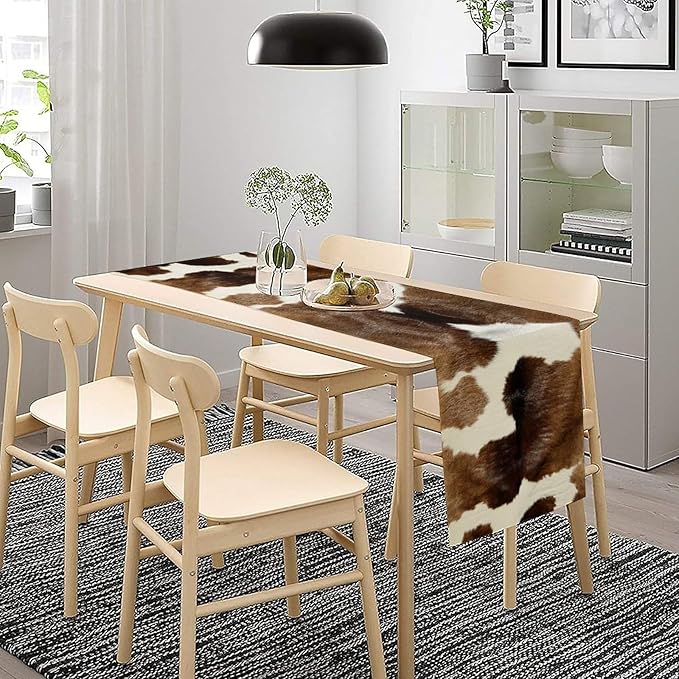 Cow Skin Print Table Runner Farmhouse Western White Brown Cowhide Rustic Cottage Country Seasonal Spring Fall Kitchen Dining Table Decoration for Home Party Dinner 13x70cm