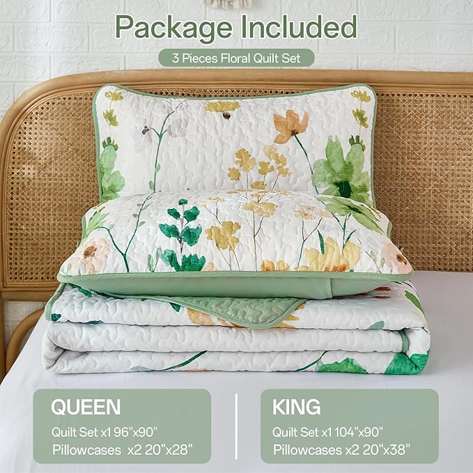 Anibedding Green Quilt Set Queen Size, Floral Bedspread with 2 Pillowcases, Soft Microfiber Lightweight Coverlet Bedding Set for All Season(96"x90")