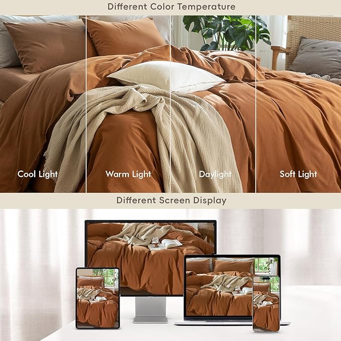 MooMee Bedding Duvet Cover Set 100% Washed Cotton Linen Like Textured Breathable Durable Soft Comfy (Solid Dark Orange, King 104"x90")