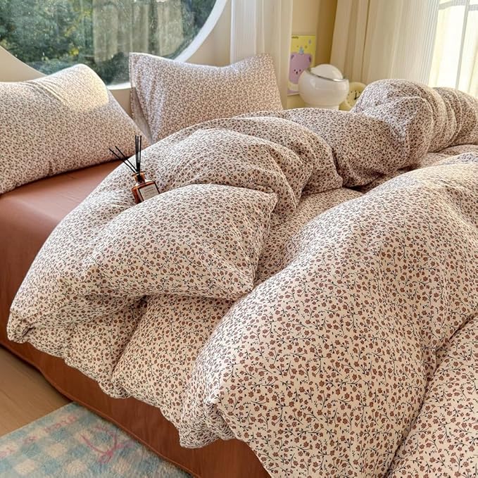 EAVD Chic Garden Small Floral Duvet Cover Twin Soft 100% Muslin Cotton Feel Gauze Vintage Floral Bedding Set with 2 Pillowcases Cottagecore Botanical Print Duvet Cover with Zipper Closure