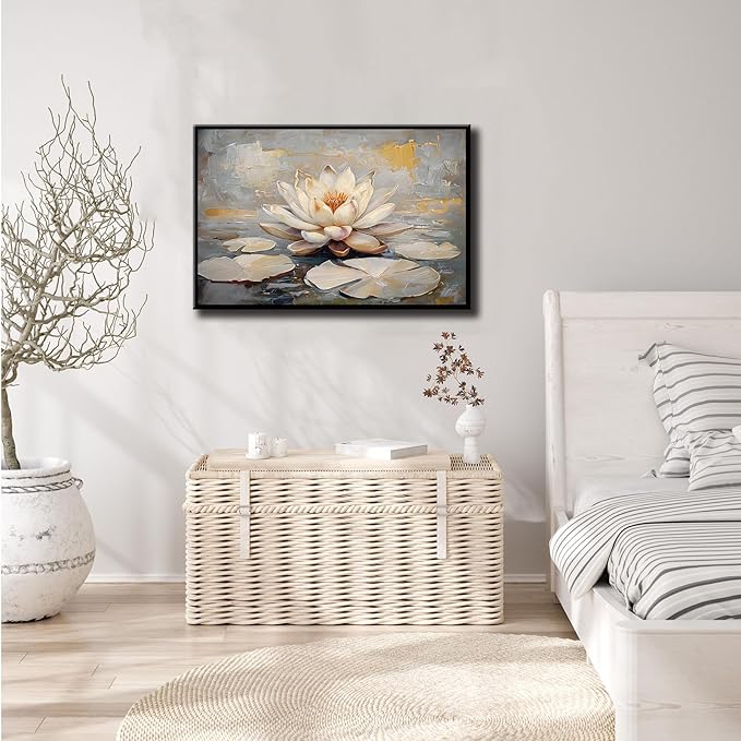 Ethereal white lotus floating on Crystal Waters poster vintage oil painting printwall art soft blush and gold accents serene home and office decor dreamy 12x18in Metal blackFramed