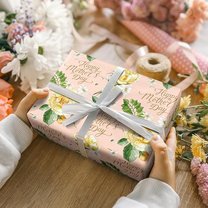 LeZakaa Mother's Day Wrapping Paper Roll, Happy Mother's Day Lettering, Yellow Floral Party Gift Wrap for Women, Mom, 17 inches x 16.4 Feet (23.2 sq.ft.)
