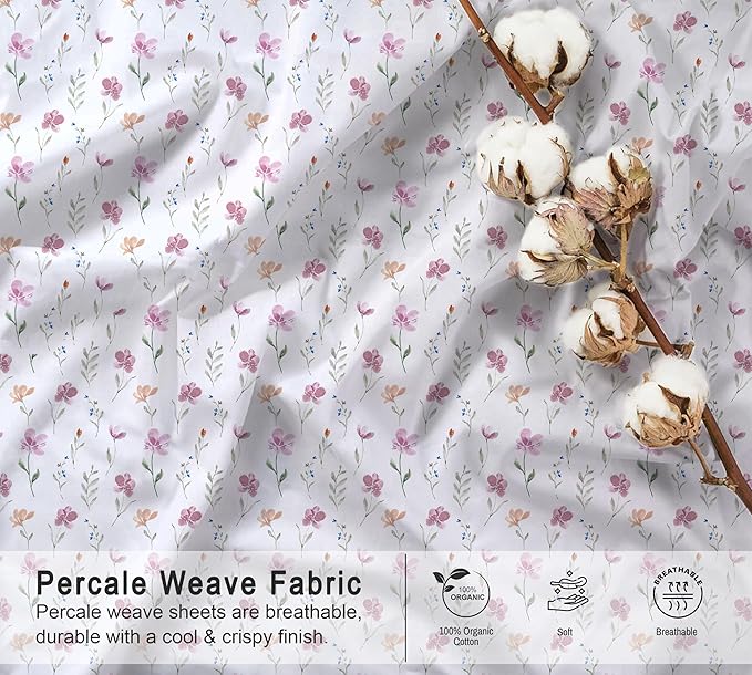 RUVANTI 100% Organic Cotton Sheets Queen Size, Percale Weave, GOTS Certified, 4-Piece Set, Deep Pocket 15", Crisp & Breathable, Soft Durable Bedding, Sábanas Algodón Orgánico – Obsessed Stems