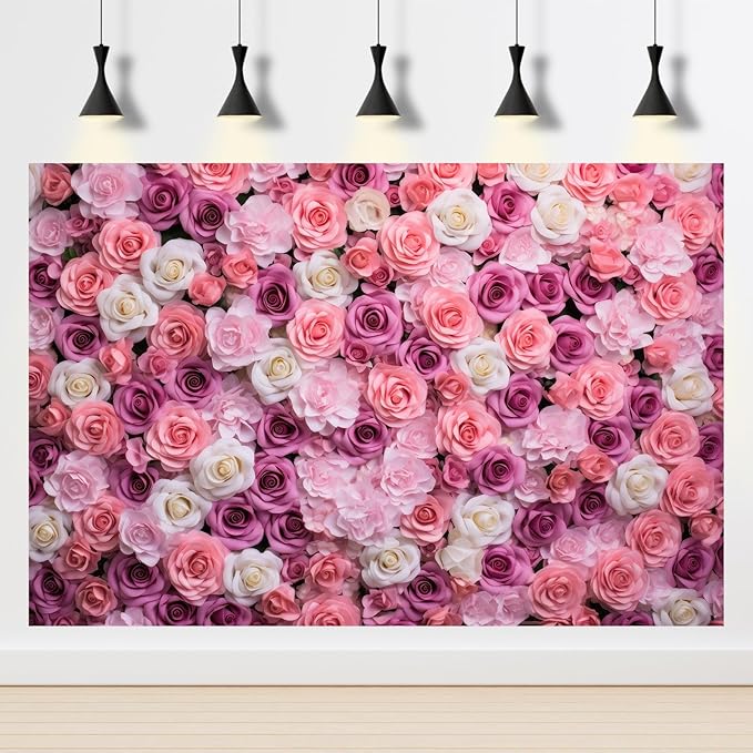 Pink Red Roses Backdrop Flowers Floral Wall Photography Background Baby Shower Wedding Birthday Party Banner Anniversary Decorations Girls Children Adults Portrait Video Studio Prop 12x8ft