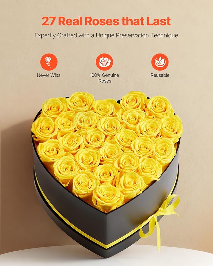VEVOR Forever Flowers, 27 Preserved Roses in a Heart Shape Box, Eternal Flowers Immortal Bouquet Birthday Present for Women Her Wife Mothers, Anniversary, Valentine's Day,Christmas, Yellow