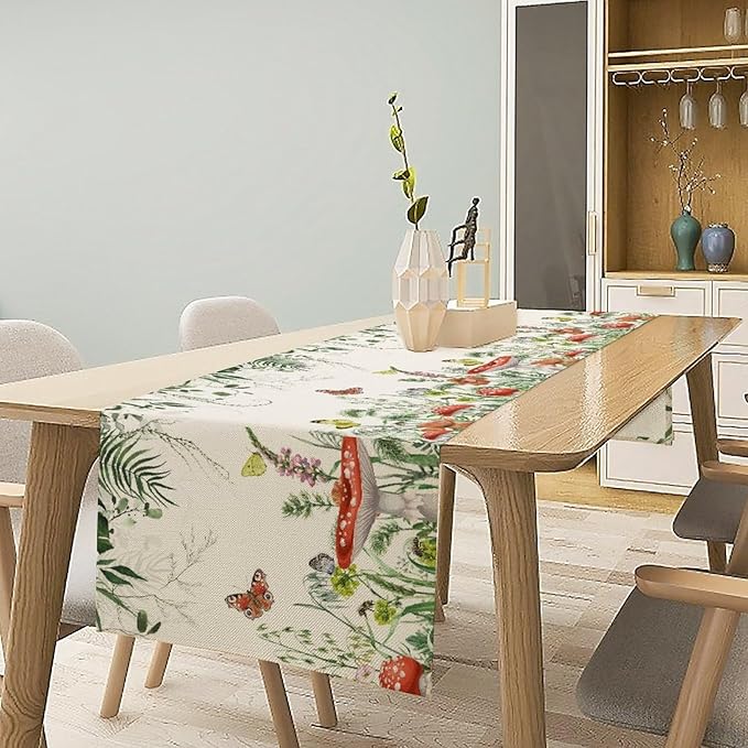 Watercolor Mushroom Table Runner, Boho Vintage Green Plant Butterfly Wildflower Eucalyptus Leaf Print Table Cover for Home Holiday Party Indoor Outdoor, 13x90inch
