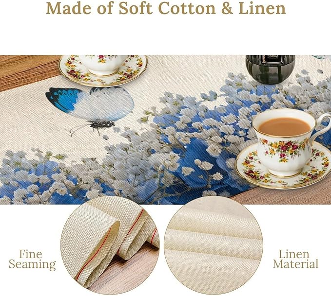 Butterfly Floral Table Runner, Blue White Hydrangea Flowers Bloom Spring Garden Theme Table Runner for Kitchen Dining Holiday Party Wedding, 13x120 Inch