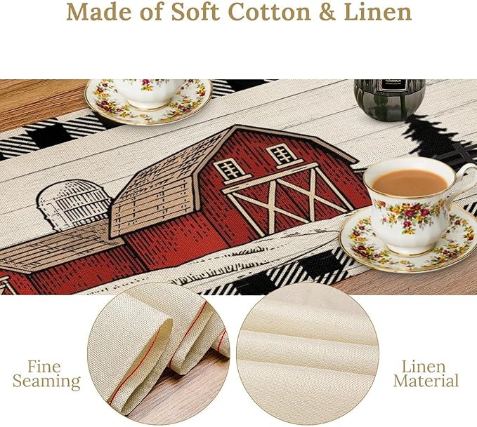 Rustic Farmhouse Table Runner Vintage Western Farm Cow Rooster Red Barn Cabin Country Lodge Dinner Runner for Home Kitchen Dinner Table Party Decoration 13x120in