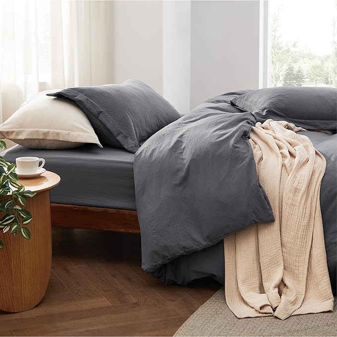 Bedsure Duvet Cover King Size with Fitted Sheet - 4 Pieces Prewashed Cotton-Like Extra Soft Bedding Set, Includes 1 Duvet Cover 104x90 Inches, 2 Pillow Shams, 1 Fitted Sheet, Dark Grey