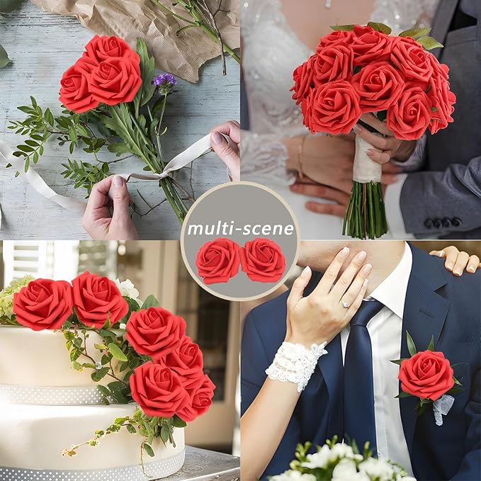 100Pcs Red Artificial Flowers Red Roses Real Looking Foam Fake Roses with Leaves and for DIY Wedding Bouquets Bridal Shower Centerpieces Party Decorations (Red, 100)