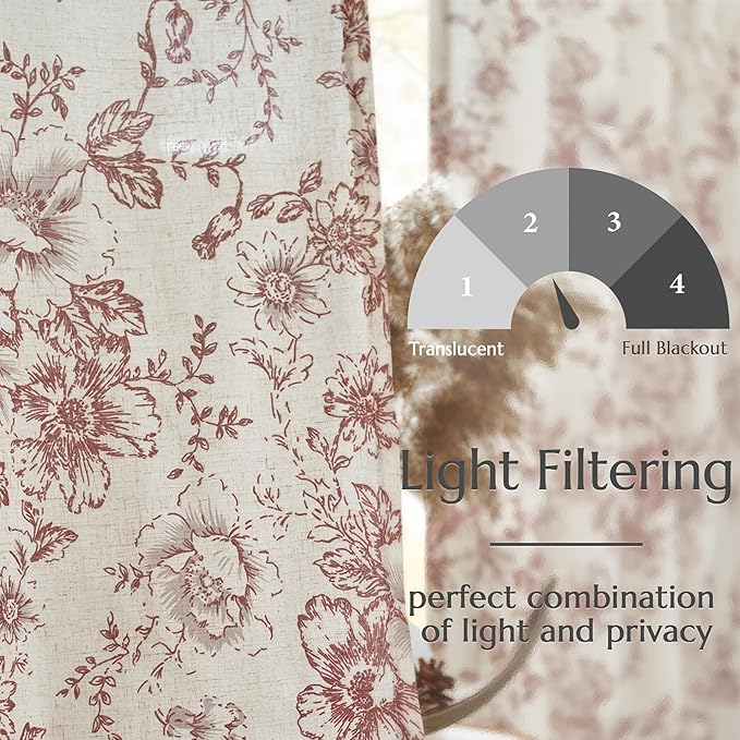 jinchan Linen Blend Curtain Floral Curtains for Living Room 96 Inch Length Christmas Brick Red Printed Curtain Rod Pocket Back Tab Farmhouse Peony Flower Patterned Drapes Curtains Set 2 Panels
