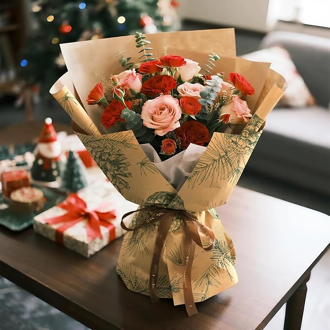 LeZakaa 20 Sheets Kraft Christmas Flower Wrapping Paper, Green Pinecone and Branches on Kraft Floral Bouquet Paper Gift Wrap for Christmas Party Packaging, Winter Woodland-themed Holiday decor