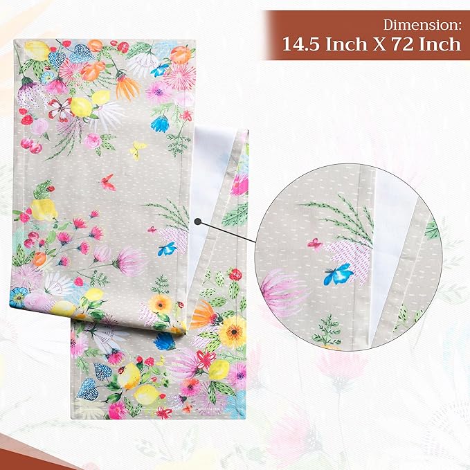 Maison d' Hermine Table Runner 100% Cotton Single Layer Table Runners 72 inches Long Decorative for Home Kitchen Dining Party Wedding Bridal Shower Spring Summer (Jardin D'Ete - Fog, 14.50" x 72")