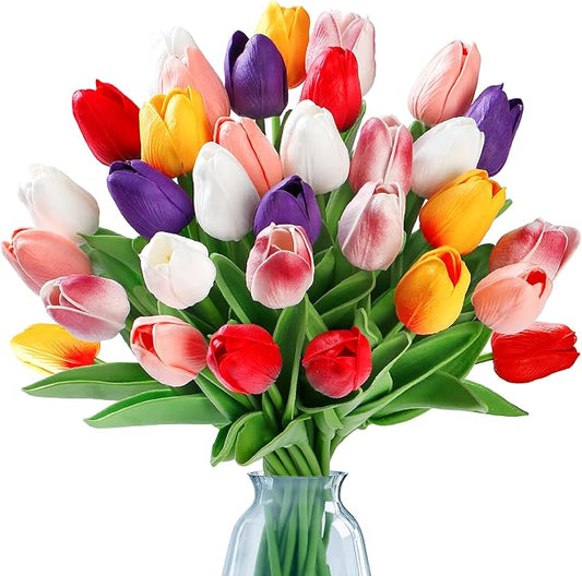 Sggvecsy 30 Pcs Fake Tulips Artificial Flowers Real Touch PU Faux Flowers Tulip Stems for Wedding Spring Bouquet Floral Arrangement Party Home Office Decorations for Mother's Day (Multi Colors)