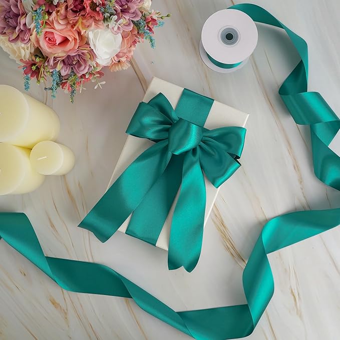 MEEDEE Teal Satin Ribbon - 2 Inch Double Faced Satin Ribbon for Christmas Tree, Weddings, Flower Bouquets