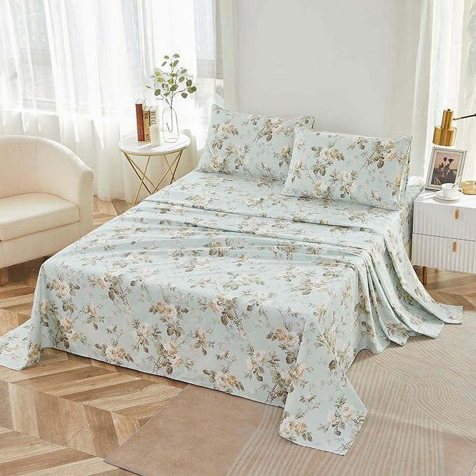 Brandream French Country Garden Toile Floral Print Bed Sheet Set Luxury Bedding 800 Thread Count 100% Egyptian Cotton Deep Pocket Tapestry Pattern Chinoiserie Peony Blossom Tree, 4Piece-King Size